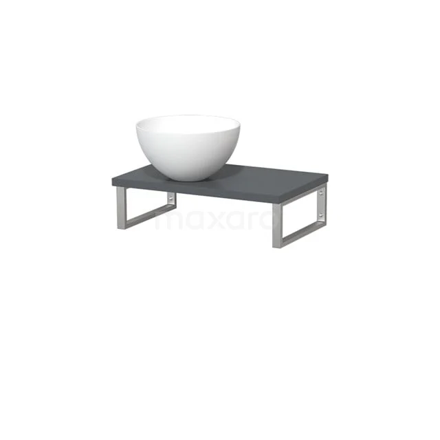 Weißes keramisches Aufsatzwaschbecken auf Dunkelgrau Holzplatte mit Metallbeinen, stilvolles Badmöbel für modernes Interieur.