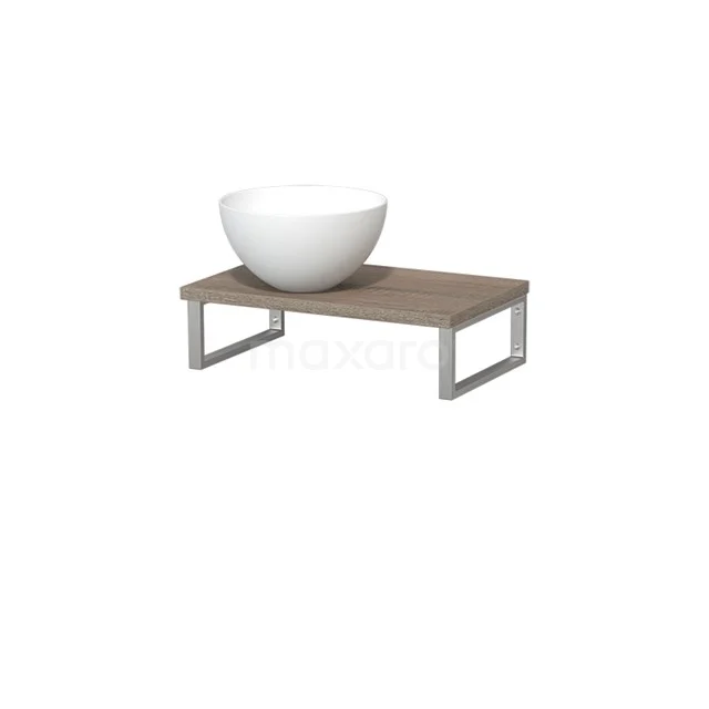 Weiße keramische Aufsatzwaschbecken auf Holz-Waschtischplatte mit Metallbeinen, ideal für einen modernen Badezimmerstil.