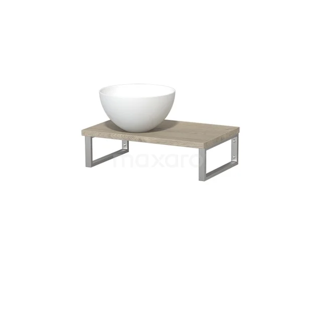 Modulo Pico Waschtischplatte mit Aufsatzwaschbecken | 41 cm Hellgraue Eiche Matt Weiß Solid Surface TMK01-00447 Holz-Waschtischplatte mit Metallrahmen und weißem, schalenförmigem Waschbecken, ideal für einen modernen Badezimmerstil.