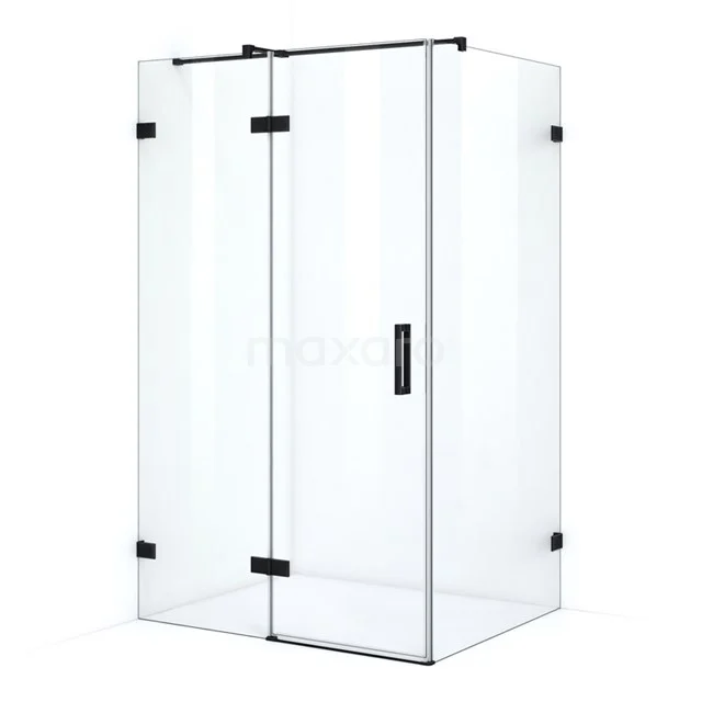 Shower enclosure with clear glass, black metal accents, corner step; modern bathroom solution for sleek interiors.