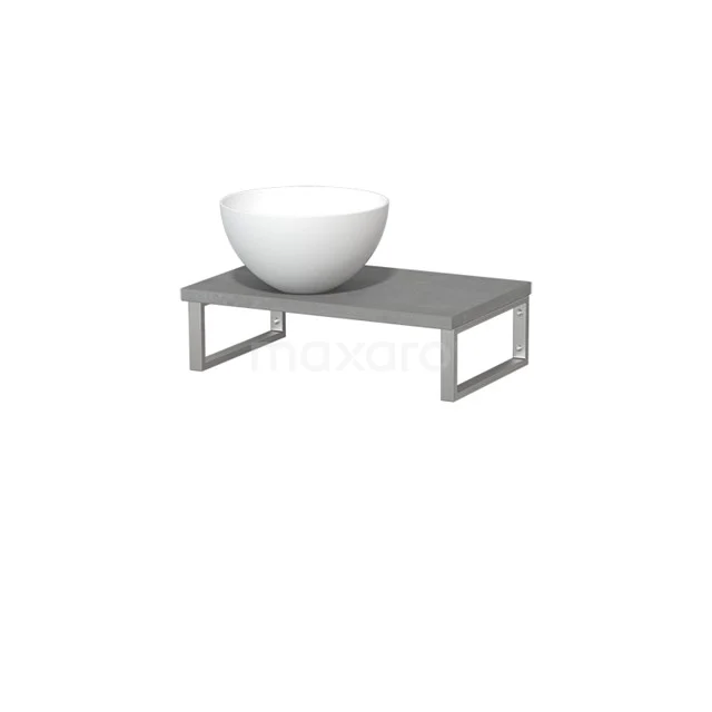 Graues Waschtischboard mit modernen Metallbeinen und einem weißen keramischen Aufsatzwaschbecken, perfekt für eine stilvolle Badezimmergestaltung.