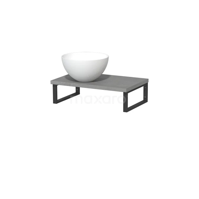 Modulo Pico Waschtischplatte mit Becken | 41 cm hellgrauer Beton Matt Weiß Solid Surface TMK01-00454 Weiße runde Waschbecken auf schwebenden grauen Holz Badmöbel mit schwarzem Metallrahmen, modernes minimalistisches Design.