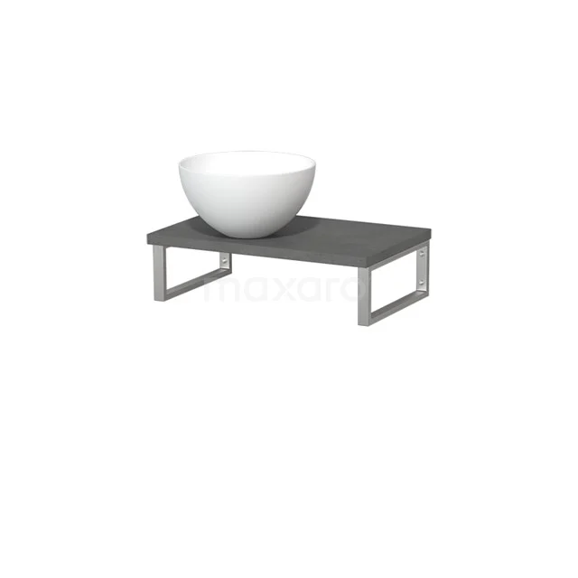 Weiße keramische Aufsatzwaschbecken auf einer matten grauen Waschtischplatte mit Metallbeinen, perfekt für einen modernen Badezimmerstil.