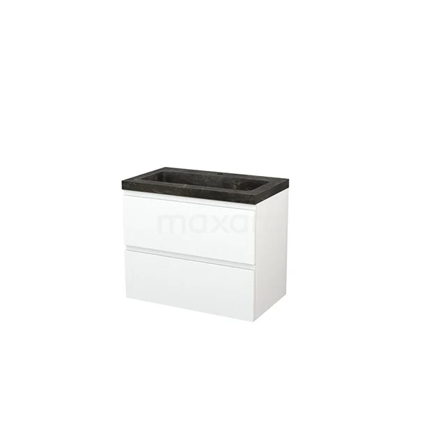 White bathroom unit with two drawers, black stone basin worktop, modern design; ideal for stylish bathroom storage.