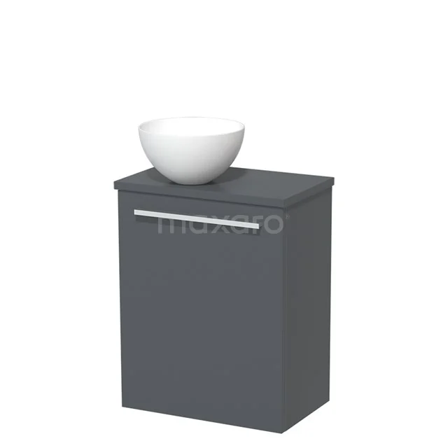 Dark grey bathroom cabinet with white countertop wash basin, compact design and sleek metal handle, ideal for modern bathrooms.