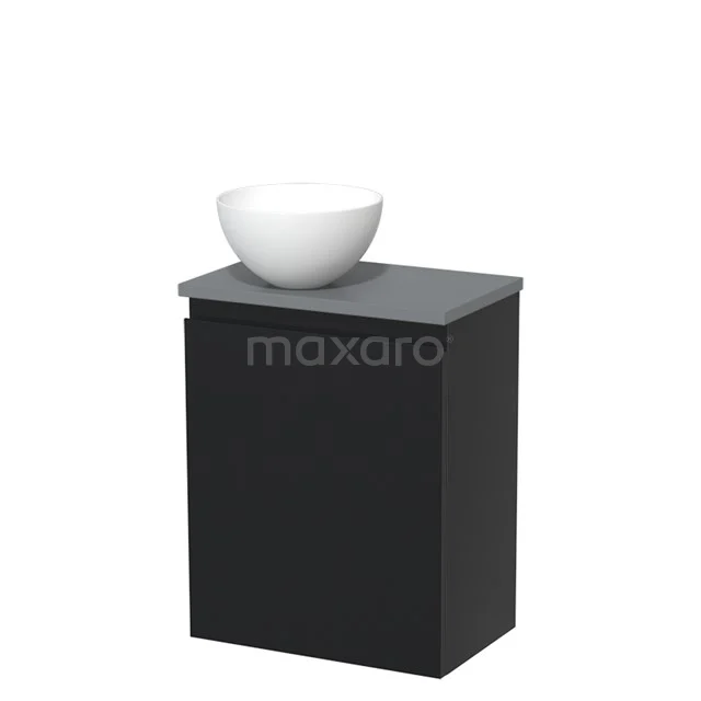 Black bathroom unit with grey worktop and white bowl-shaped basin, modern design and compact size.