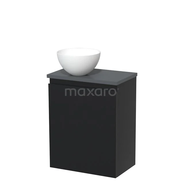 Black bathroom furniture set with matte black cabinet and white ceramic countertop wash basin, compact design ideal for modern bathrooms.
