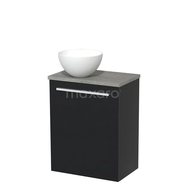 Zwart badkamermeubel met grijze blad en witte waskom, moderne uitstraling, geschikt voor compacte badkamers.
