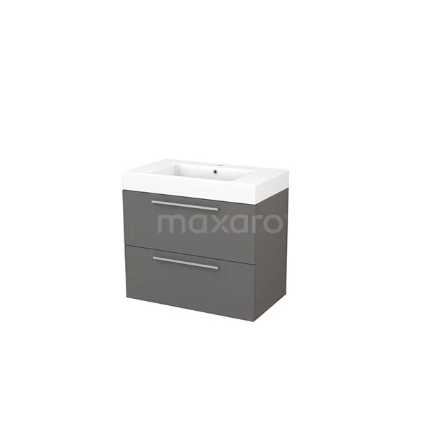 Grey vanity unit with two drawers, integrated white ceramic sink, ideal for modern bathroom storage.