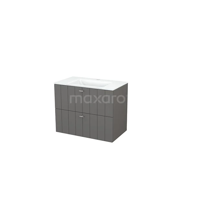 Grey bathroom furniture set with vertical lines, white ceramic basin worktop, modern look, ideal for bathroom storage.