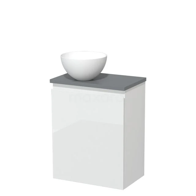 White bathroom unit with grey stone worktop and round white surface-mounted vanity units with basin, ideal for modern bathroom design.