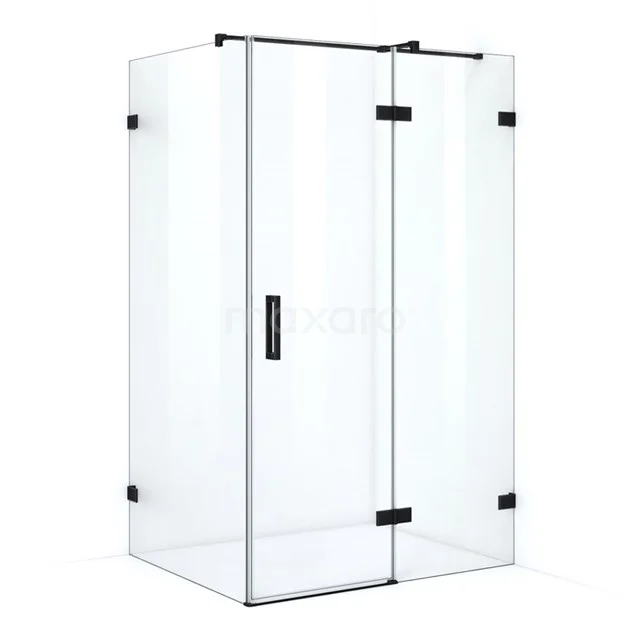Glass shower enclosure with black hinges, minimalist design and double door, perfect for modern bathrooms.