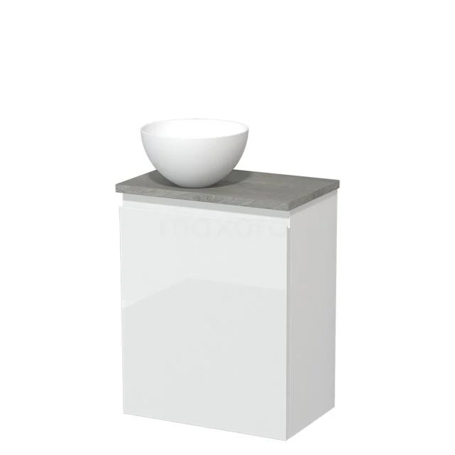 WC-Möbel mit Aufsatzwaschbecken | 41 cm Hochglanz Weiß Grifflose Front Matt Weiß Aufsatzwaschbecken Graue Eiche Platte TMK10-08067 Weißes Badezimmermöbel mit grauer Holzplatte und rundem weißen Aufsatzwaschbecken, kompaktes Design für modernen Badezimmerstil.