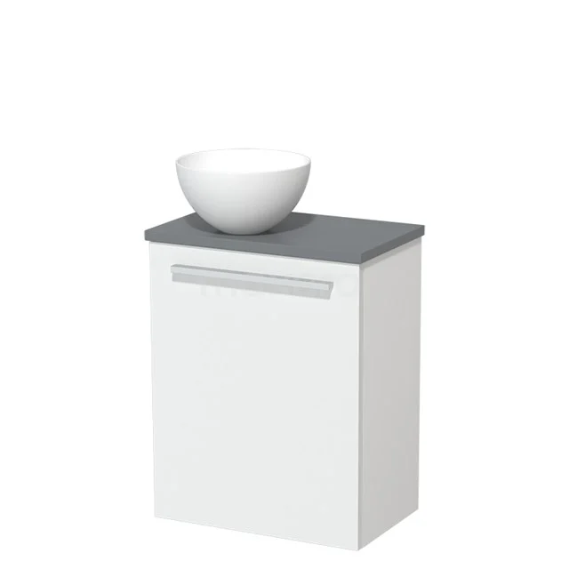 White Bathroom unit with grey top and integrated basin, modern design, perfect for compact bathrooms.