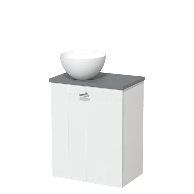 Toilet unit with countertop wash basin | 41 cm Mat white Lamel front Matte white Solidtop wash basin Mid grey worktop TMK10-08078 White bathroom unit with grey worktop and round ceramic countertop wash basin, compact design ideal for modern bathroom interiors.