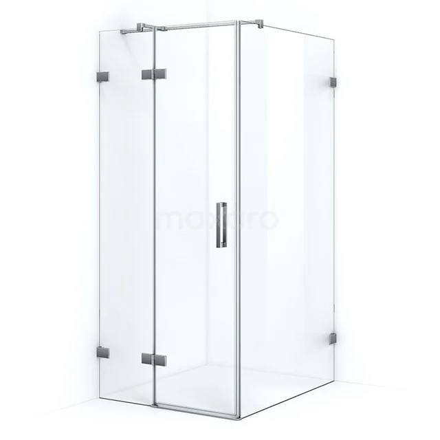 Eck-Duschkabine mit Klarglas und Metallscharniere, modernes Design, ideal für eine stilvolle Badezimmergestaltung.