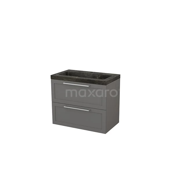 Grauer Badschrank mit zwei Schubladen, moderne Ausstrahlung, anthrazitfarbene Platte, ideal für stilvolle Badezimmerlagerung.