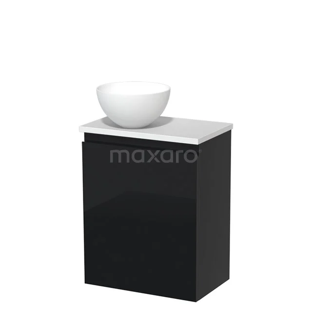 Black vanity set with glossy finish, ceramic countertop wash basin and white worktop; modern bathroom solution.