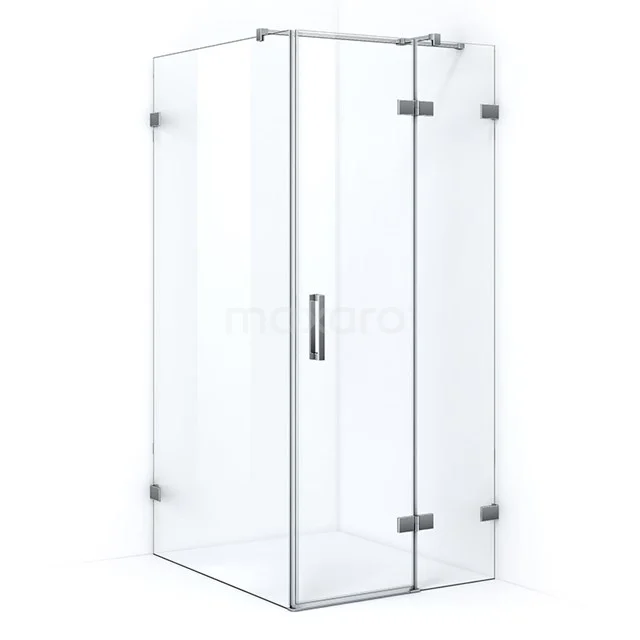 Glass corner shower cabin with minimalist design, including chrome hinges. Perfect for a modern bathroom.