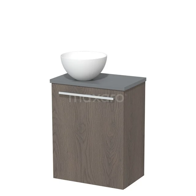 Compact wooden bathroom unit with anthracite worktop and white bowl-shaped basin, ideal for stylish bathroom design.