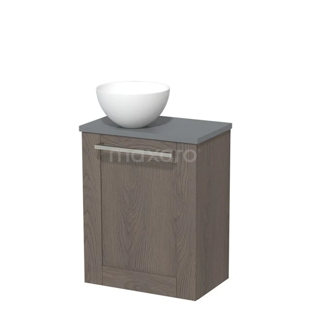 Wooden bathroom unit in grey oak with ceramic countertop wash basin, modern storage space for a stylish bathroom.
