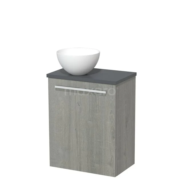 Grey wooden bathroom cabinet with dark worktop and white ceramic countertop wash basin, modern design for a stylish bathroom.