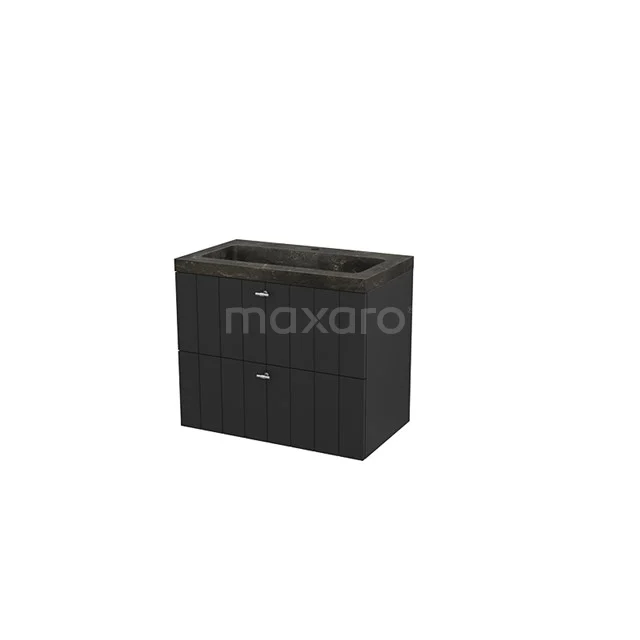Modulo+ Bathroom furniture with sink | 80 cm Carbon Slat front Natural stone 2 Stacked drawers BMP002806 Black bathroom furniture set with two drawers, A high-gloss finish and sleek design, ideal for modern bathroom layout.