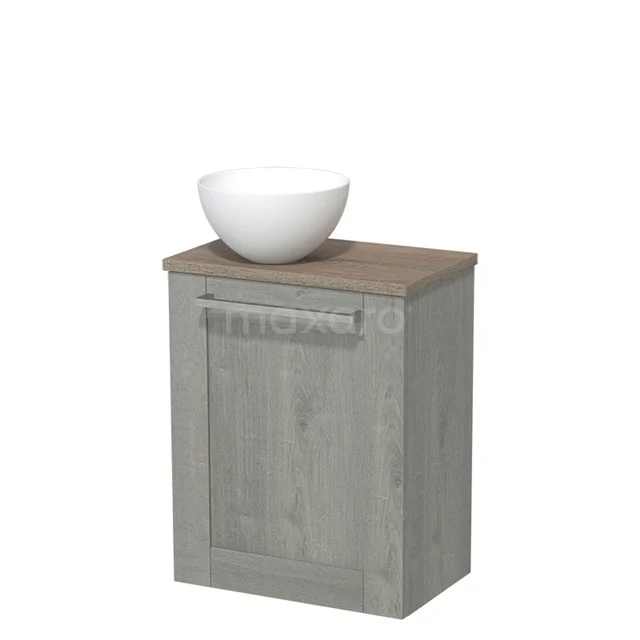 Grey wooden bathroom unit with basin cabinet and white ceramic bowl, modern design from rustic series.