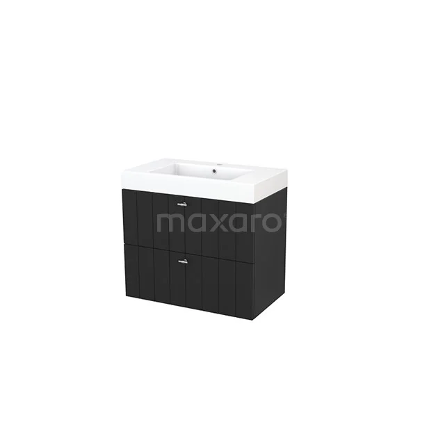 Modulo+ Vanity units with basin | 80 cm Carbon Slat front Mineral marble 2 Stacked drawers BMP002808 Black bathroom furniture set with two drawers and a ceramic basin, modern design for practical bathroom storage.
