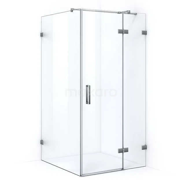 Shower enclosure with corner step, clear glass safety glass and chrome hinges, ideal for a modern bathroom.