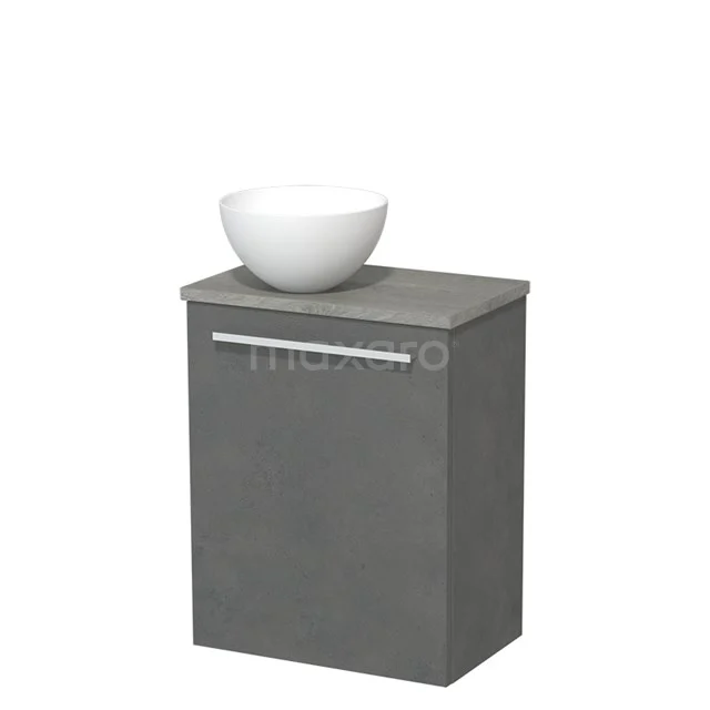Grijze wastafelmeubel met keramische waskom, modern design, ideaal voor stijlvolle badkamerinrichting.