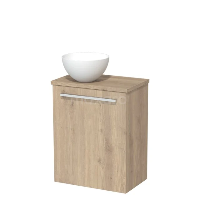 Houten badkamerkast met licht eiken afwerking, inclusief witte ronde wastafel bovenop, compact en modern design.