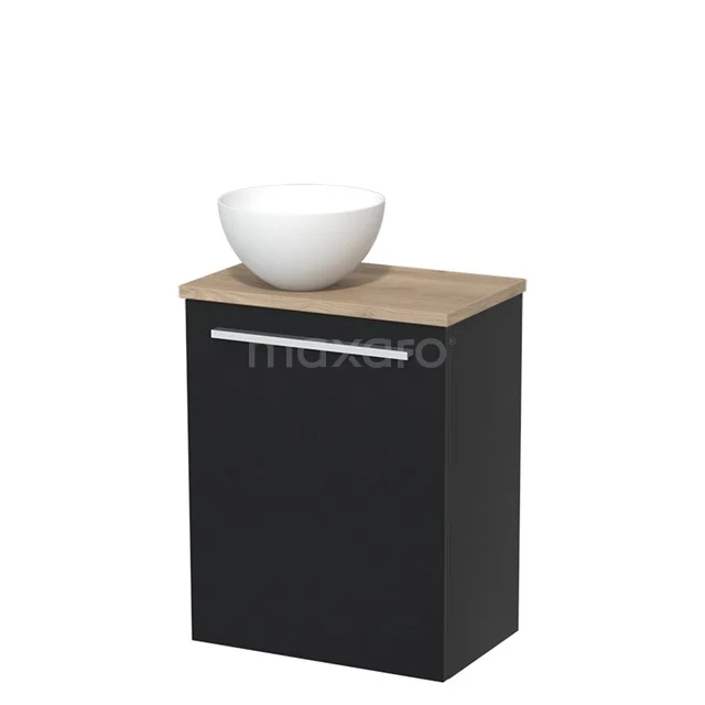 Zwarte badkamerkast met houten blad en witte waskom, compact design, ideaal voor moderne badkamerinrichtingen.