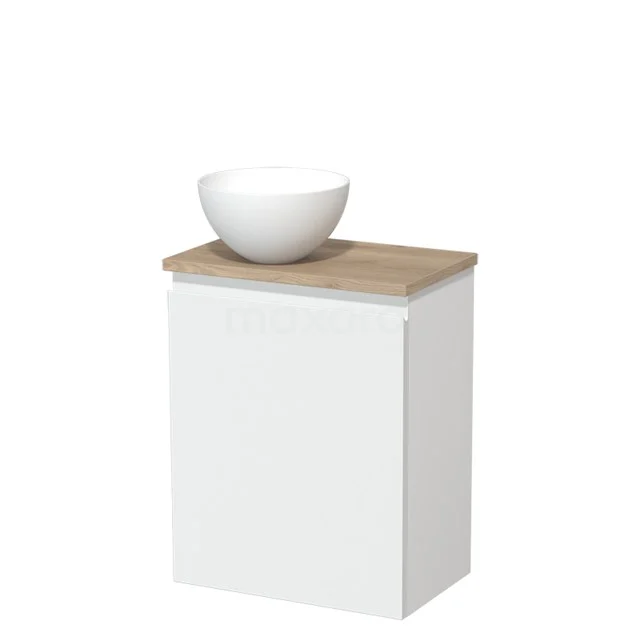 Wit badkamermeubel met houtlook blad en ronde witte waskom, compact design geschikt voor moderne badkamers.
