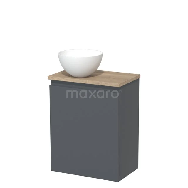 Grijze badkamerkast met eiken blad en witte komvormige wasbak, compact ontwerp ideaal voor moderne badkamerinrichting.