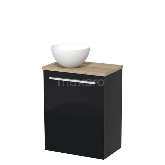 Black bathroom cabinet with wood-look worktop and white countertop wash basin, modern design, ideal for a stylish and functional bathroom.