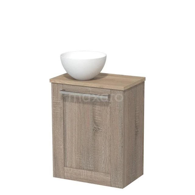 Houten badkamerkast met lade in eikenlook, inclusief witte opbouw waskom, perfect voor moderne badkamerinrichting.