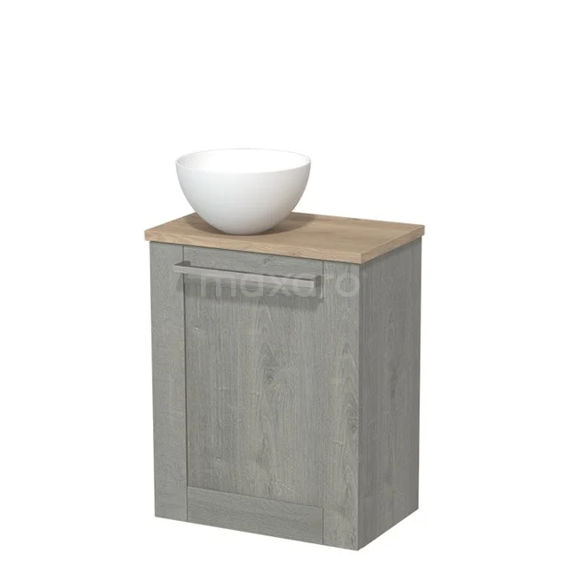 Grey wooden bathroom unit with basin; modern design, oak worktop, practical for compact bathrooms.