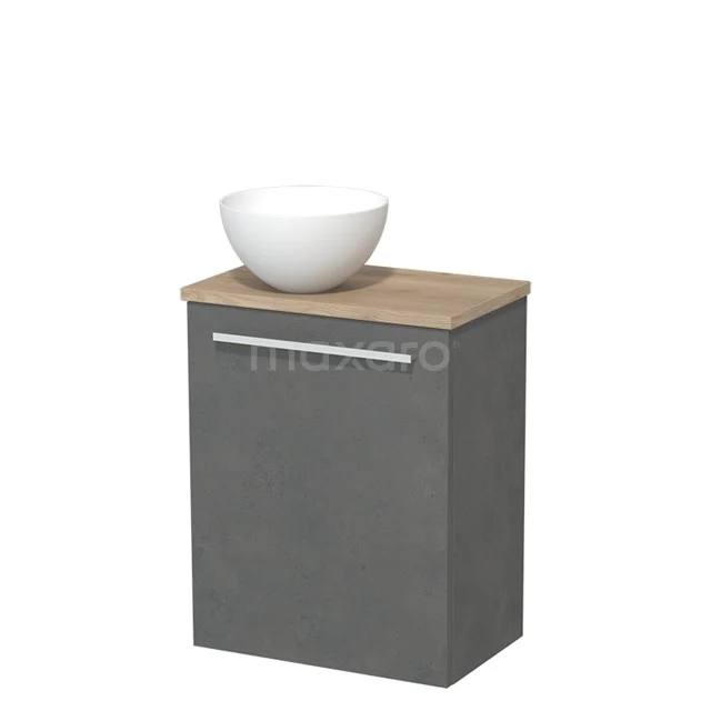 Grijze badkamerkast met houtlook bovenblad en witte wastafelkom, compact design, ideaal voor moderne badkamerinrichting.