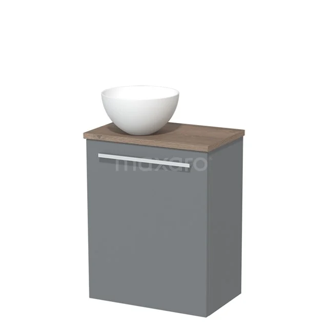 Grijze badkamerkast met houten bovenblad en witte keramische waskom, modern design voor compacte badkameroplossingen.