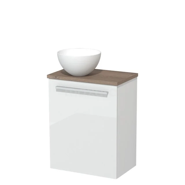 Wit badkamermeubel met houten blad en ronde wastafel, modern design voor stijlvolle badkameropslag.