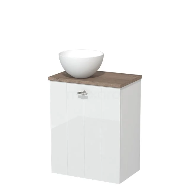 Witte badkamerkast met houten blad en ronde wastafel, compact ontwerp, ideaal voor moderne badkamers.
