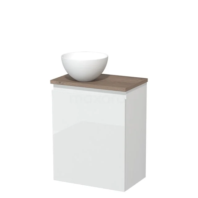 Weißes Badmöbel mit Holzlook Platte und rundem Waschbecken, ideal für eine moderne Badezimmer Einrichtung.