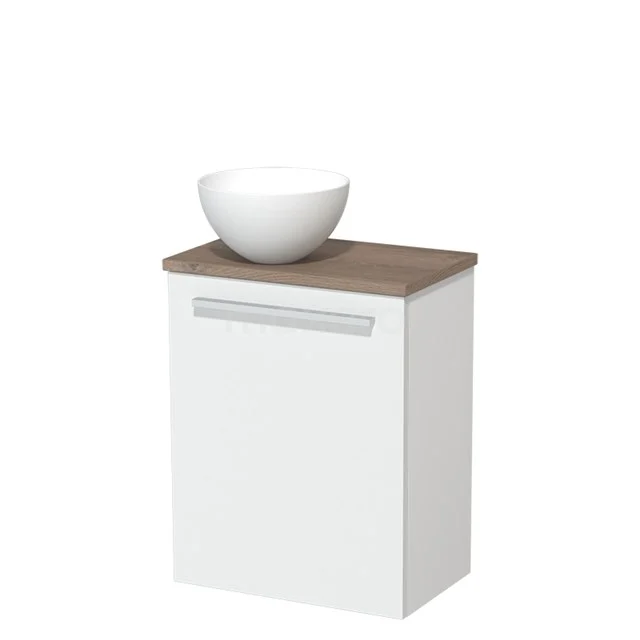 Wit badmeubel met houtlook blad, moderne ronde wastafel van keramiek, ideaal als compacte oplossing voor de badkamer.