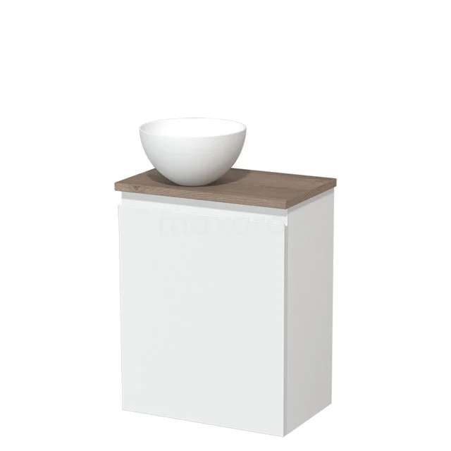 Wit badkamermeubel met houten bovenblad en ronde keramische wastafel, modern ontwerp voor compacte ruimtes.