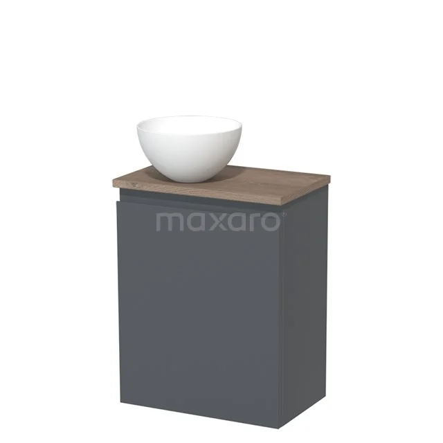 Grijze badkamerkast met houten blad en ronde witte waskom, compact design voor moderne badkamers.