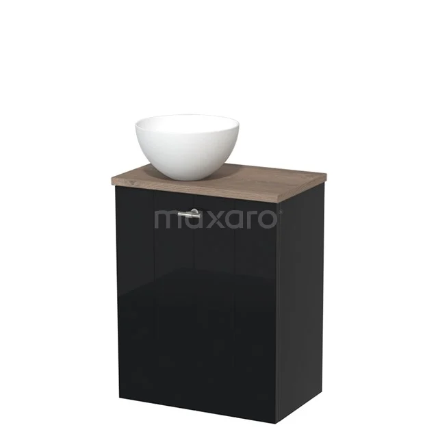 Black bathroom cabinet with wooden worktop and white ceramic countertop wash basin, compact design for modern bathrooms.