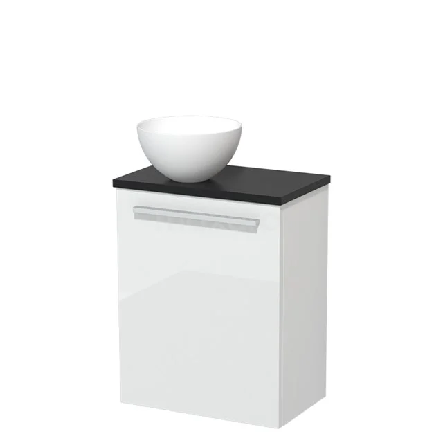 Wit badkamermeubel met zwarte bovenkant en ronde wastafel, modern ontwerp, ideaal voor compacte badkamers.