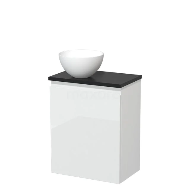 Wit badmeubel met zwarte wastafelblad en ronde waskom, ideaal voor moderne badkamers, glanzende afwerking.