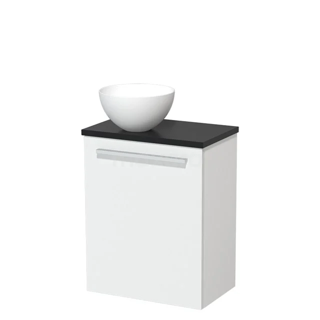 Wit badkamerkastje met matzwarte wastafel en witte kommenwasbak, modern design van hoogwaardige materialen.